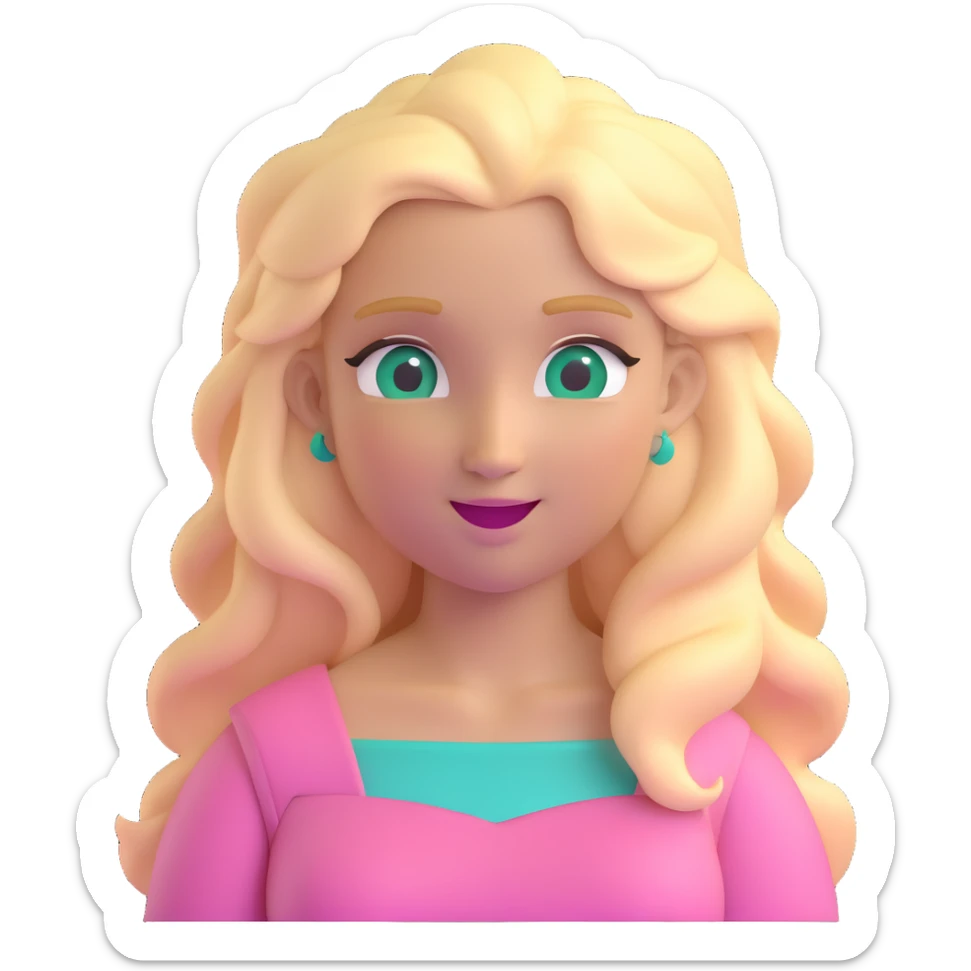 blonde with long hair and swamp eyes in a pink pastel dress, winking, 3D iOS realistic emoji style sticker