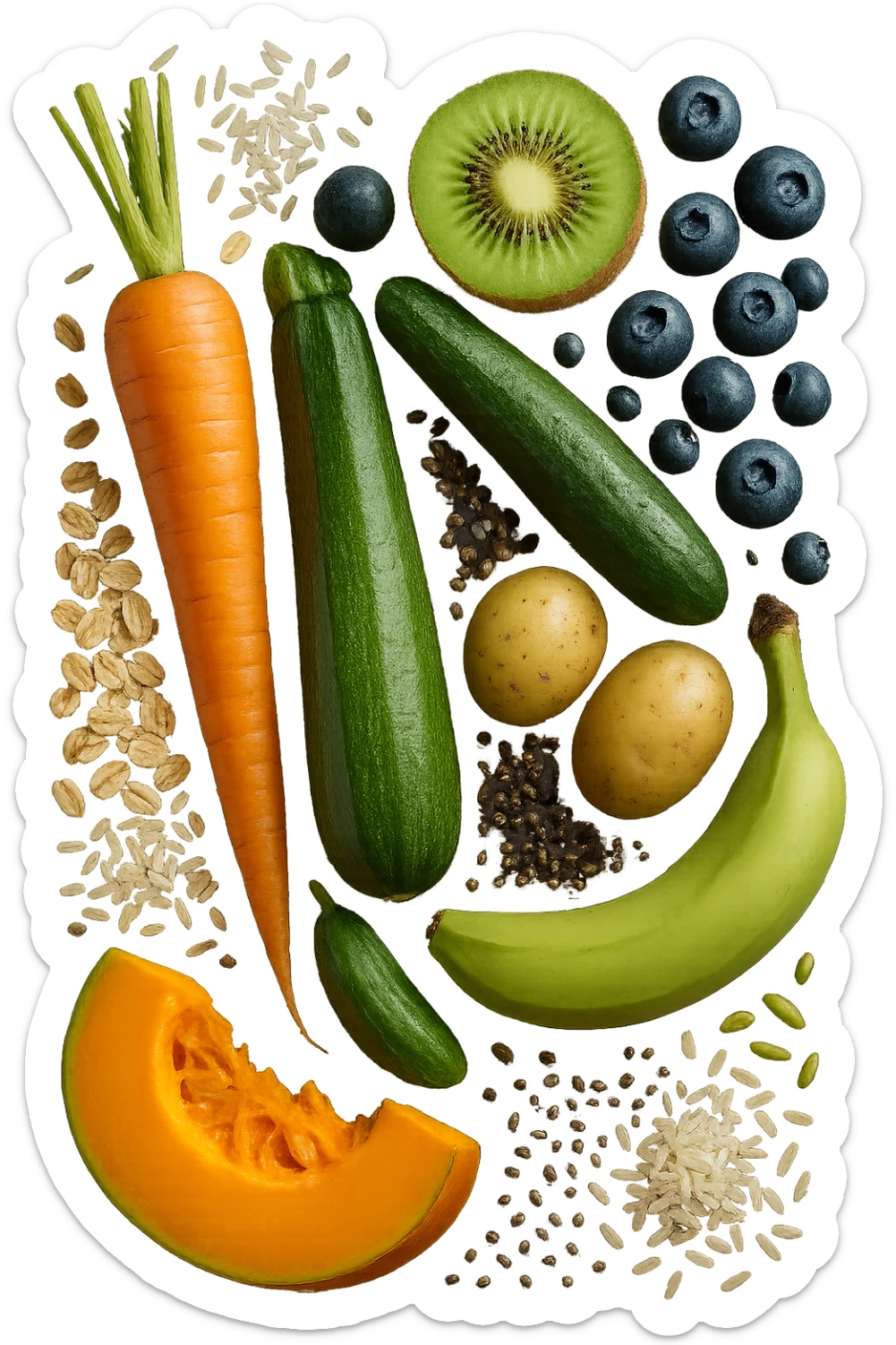 carota, fiocchi di avena, zucchine, kiwi, mirtilli, semi di chia, patate, banane acerbe, zucca, riso fluttuano in aria verticalmente, iperrealistici 4k sticker