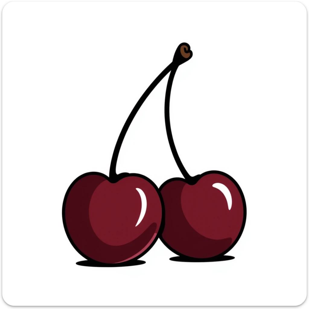 Hand-drawn pair of deep burgundy cherries with stem and leaves, dark rich red sticker