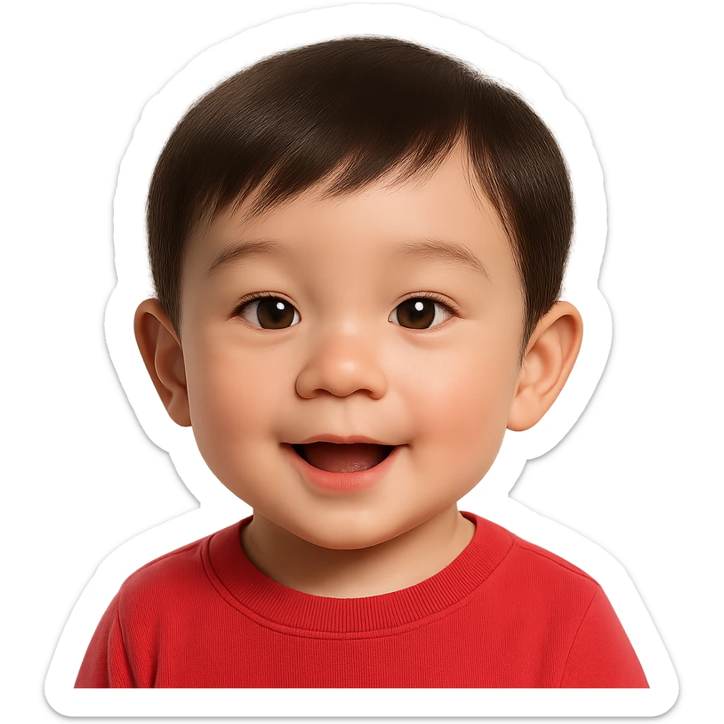 Edit the cute Asian baby boy emoji by changing the shirt to pastel red while keeping the rest unchanged. Use a soft glossy texture and make it about 80% realistic. No background. sticker