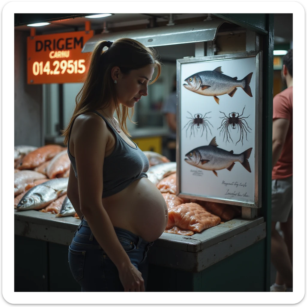 realistic pregnant woman in 4K observing informational sign in fish market with image of salmon showing visible parasites sticker