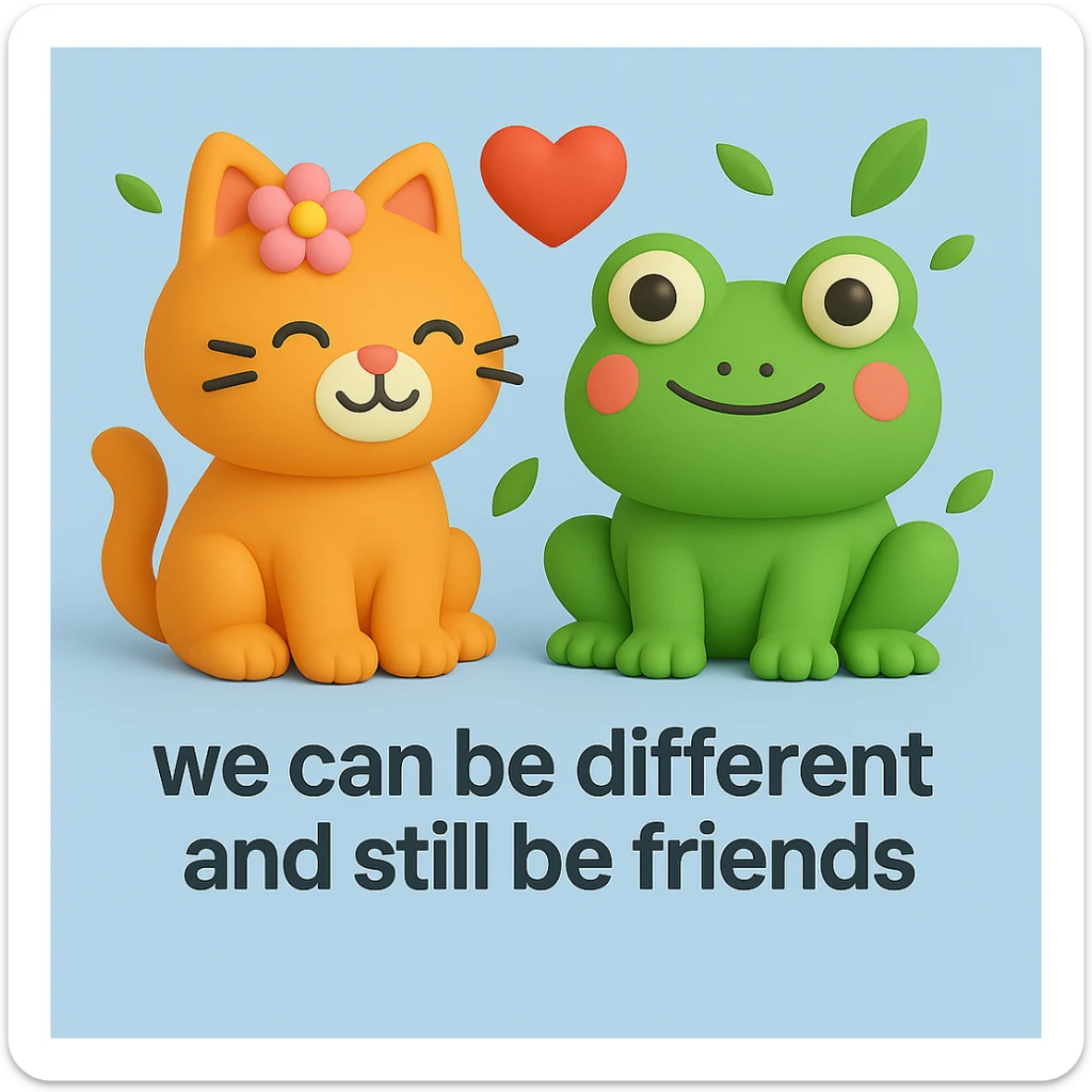 A 3D iOS style illustration of a cat and a frog together, with a flower on the cat's head and a heart floating between them, conveying a message of friendship. The scene should have a light blue background with some green leaves scattered around. Include the text "we can be different and still be friends" at the bottom. sticker