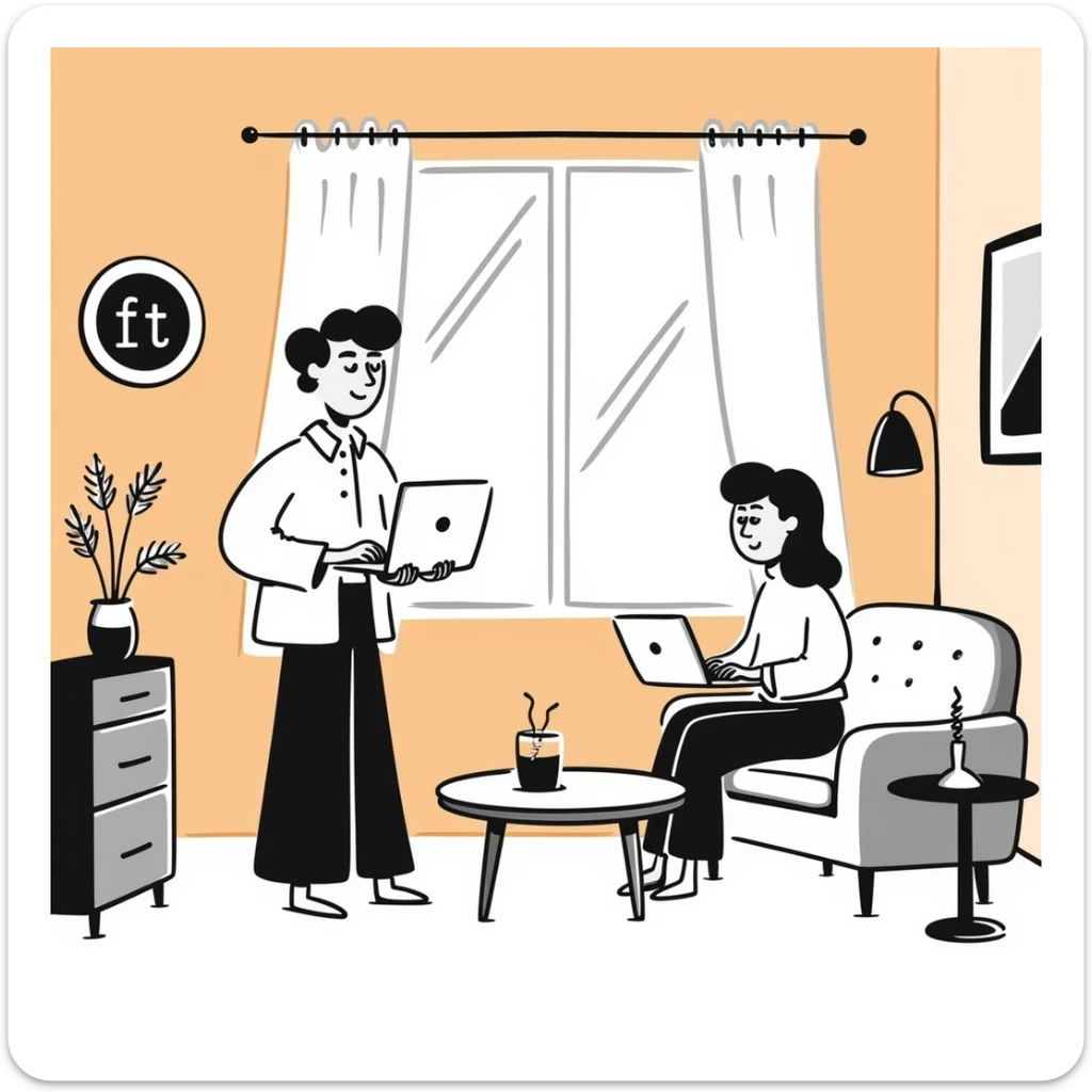 escenary 3d of a cozy mid-century living room with two people working on laptops, one man standing at a desk and one woman sitting on a couch, warm tones, two walls and floor visible sticker