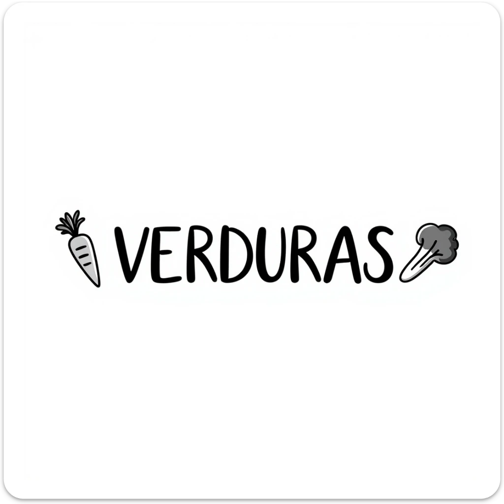 the word VERDURAS in a playful handwritten script with small drawings of carrots and lettuce around the text sticker