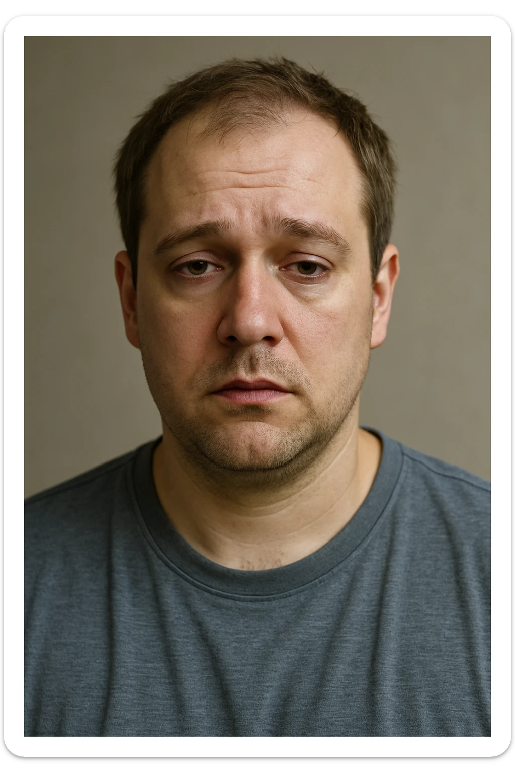 Un uomo caucasico di 35-45 anni, in CGI fotorealistico, che mostra i segni fisici ed emotivi di un basso livello di testosterone. sticker