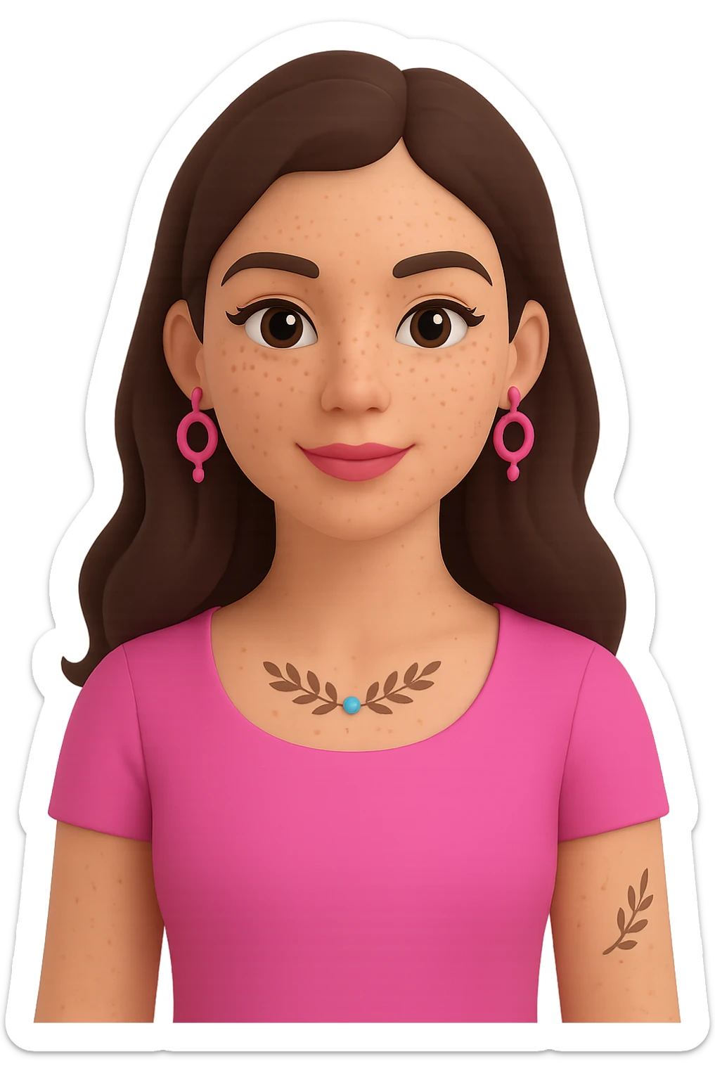 Change the skin to white, add freckles on the cheeks and nose, and ensure the hair is straight, keeping the rest the same. The subject is a female Memoji with an oval face, elegant makeup, long dark brown hair, colorful top, and a small visible tattoo on the arm. Maintain the transparent background. sticker