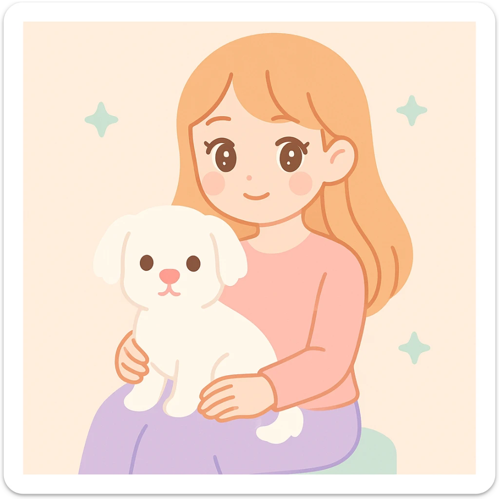 a white Maltese terrier with a pink nose on the lap of a girl with long strawberry blond hair and brown eyes, thin eyebrows, slim nose, beautiful lips, gentle anime-inspired style sticker