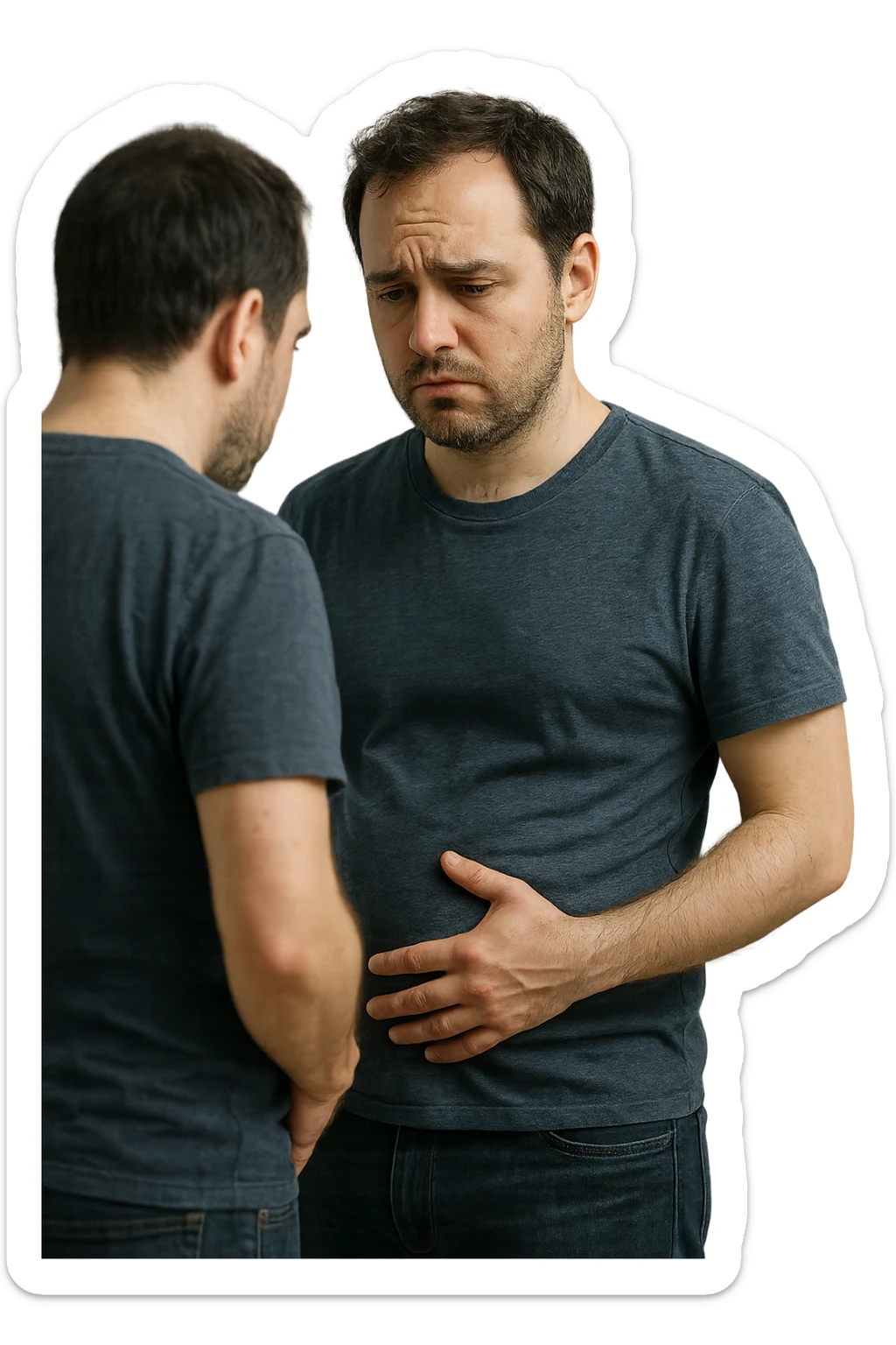 uomo che si guarda allo specchio triste mentre si tocca la pancia, pensieroso, iperrealistico 4k sticker