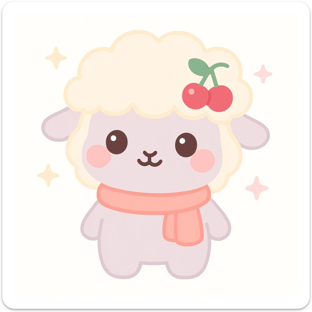 kawaii sheep with fluffy creamy white wool warm tint, gentle pastel gray body, rosy cherry pink cheeks, sparkling dark brown eyes, wearing cherry hair clip deep cherry red with green leaf, pastel coral scarf sticker