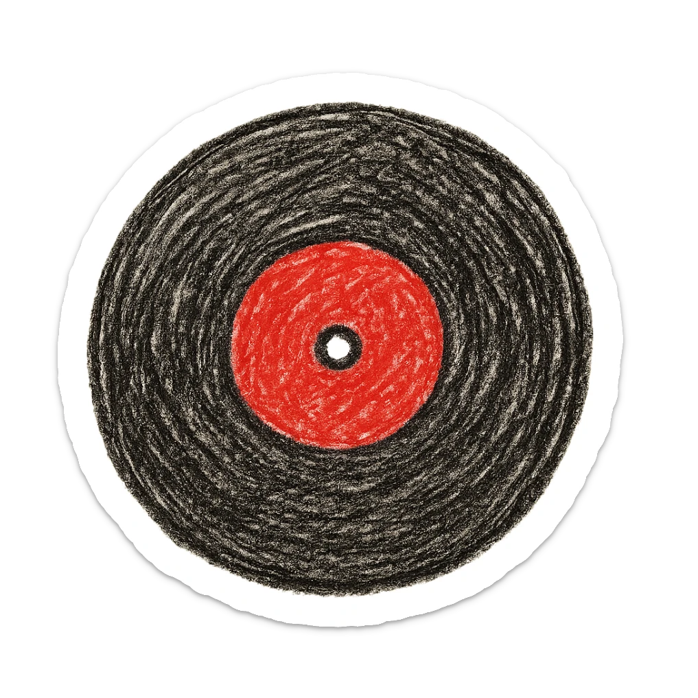 red and black vinyl record, clear illustration style, simple and recognizable sticker
