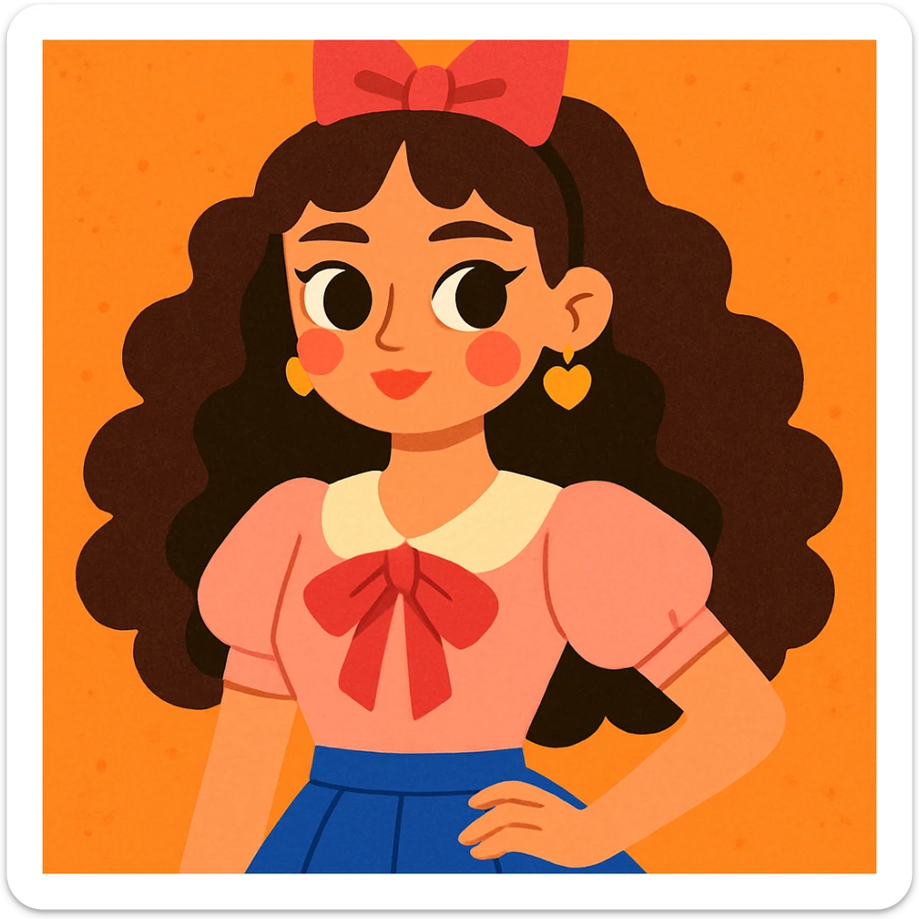 a girl with curly long dark brown hair, brown eyes, coquette style, modern illustration style sticker