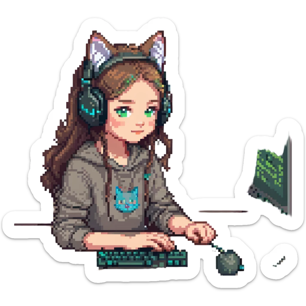 Change the girl to appear Caucasian and portray her as a night coder, with a nighttime background, keeping the pixel art style and cat headphones. Preserve transparent background if possible. sticker