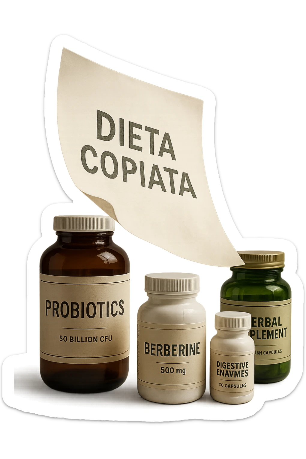 FOGLIO DI CARTA FLUTTUA IN ARIA CON LA SCRITTA "DIETA COPIATA", INSIEME A BARATTOLI DI INTEGRATORI PER CURARE IL SIBO IN ITALIANO, IPERREALISTICO 4K, NON DISEGNATO sticker