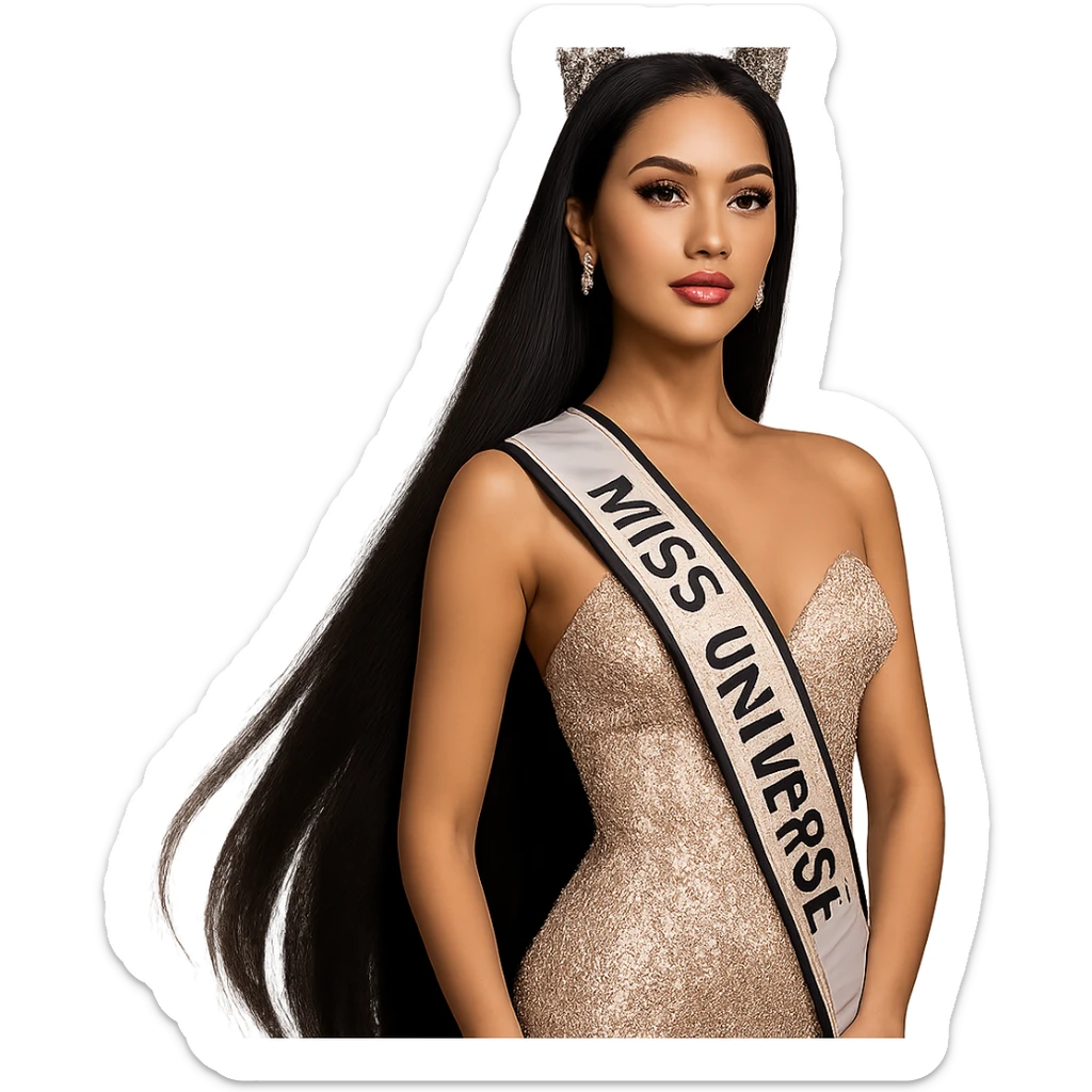 Miss Universe South East Asian woman, very long straight black hair, elegant and poised sticker