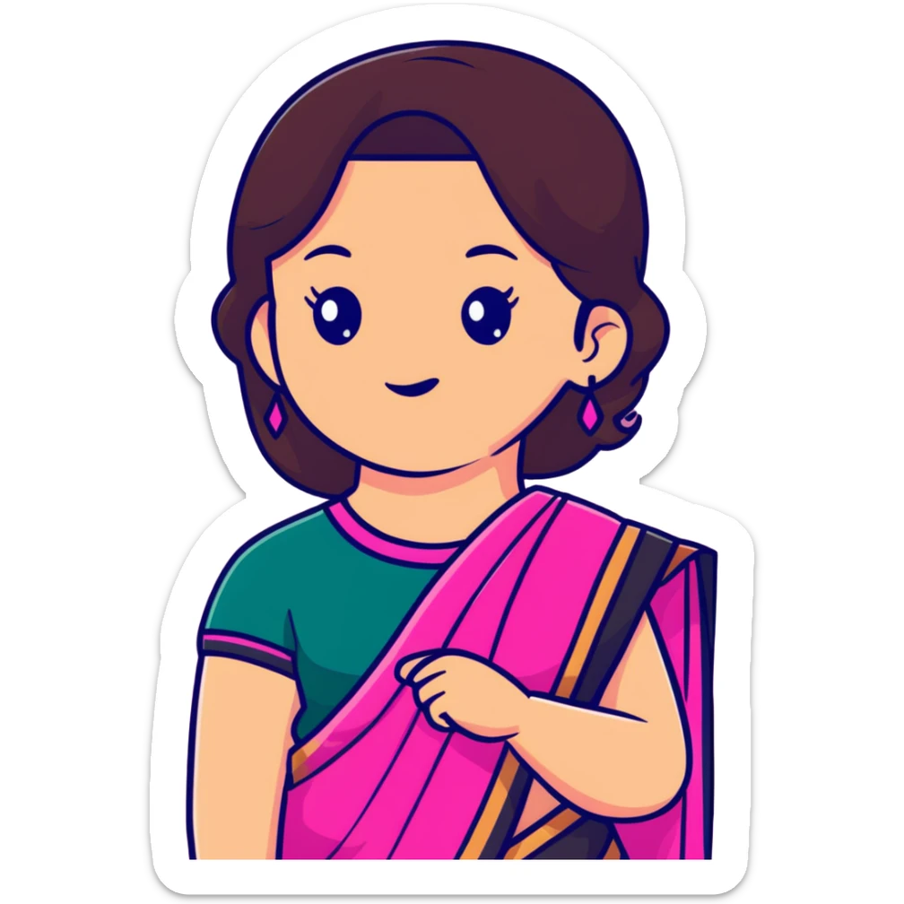 girl with light wheatish skin, dark brown hair, wearing dark pink saree sticker