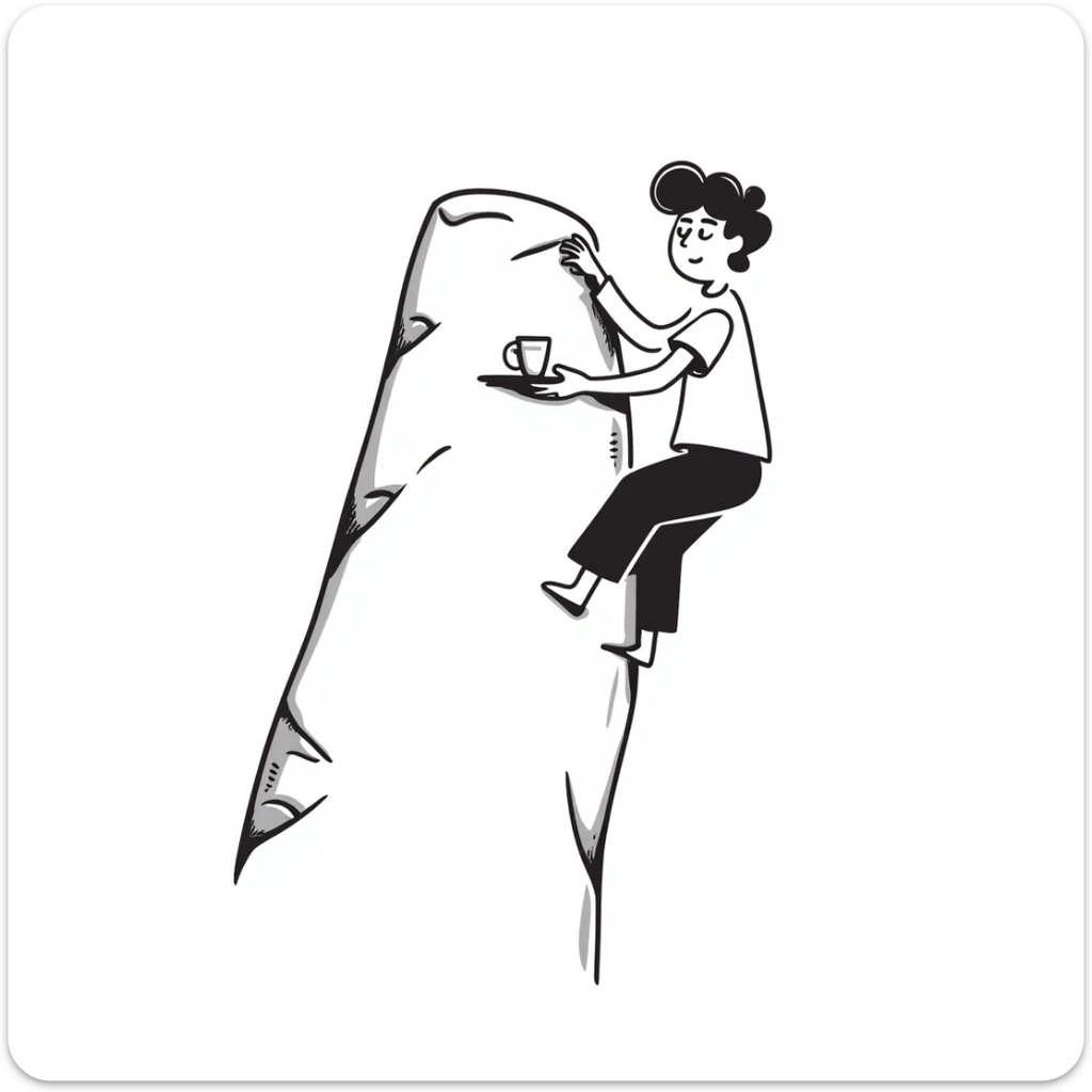 A guy rock climbing on a steep cliff in a black t-shirt with a waiter's tray in his hand sticker