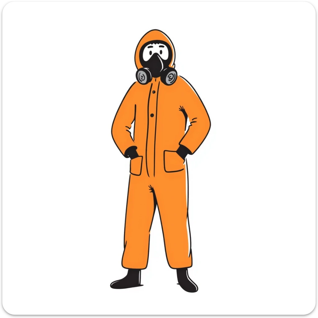 person in an orange suit, wearing a gas mask and black gloves sticker