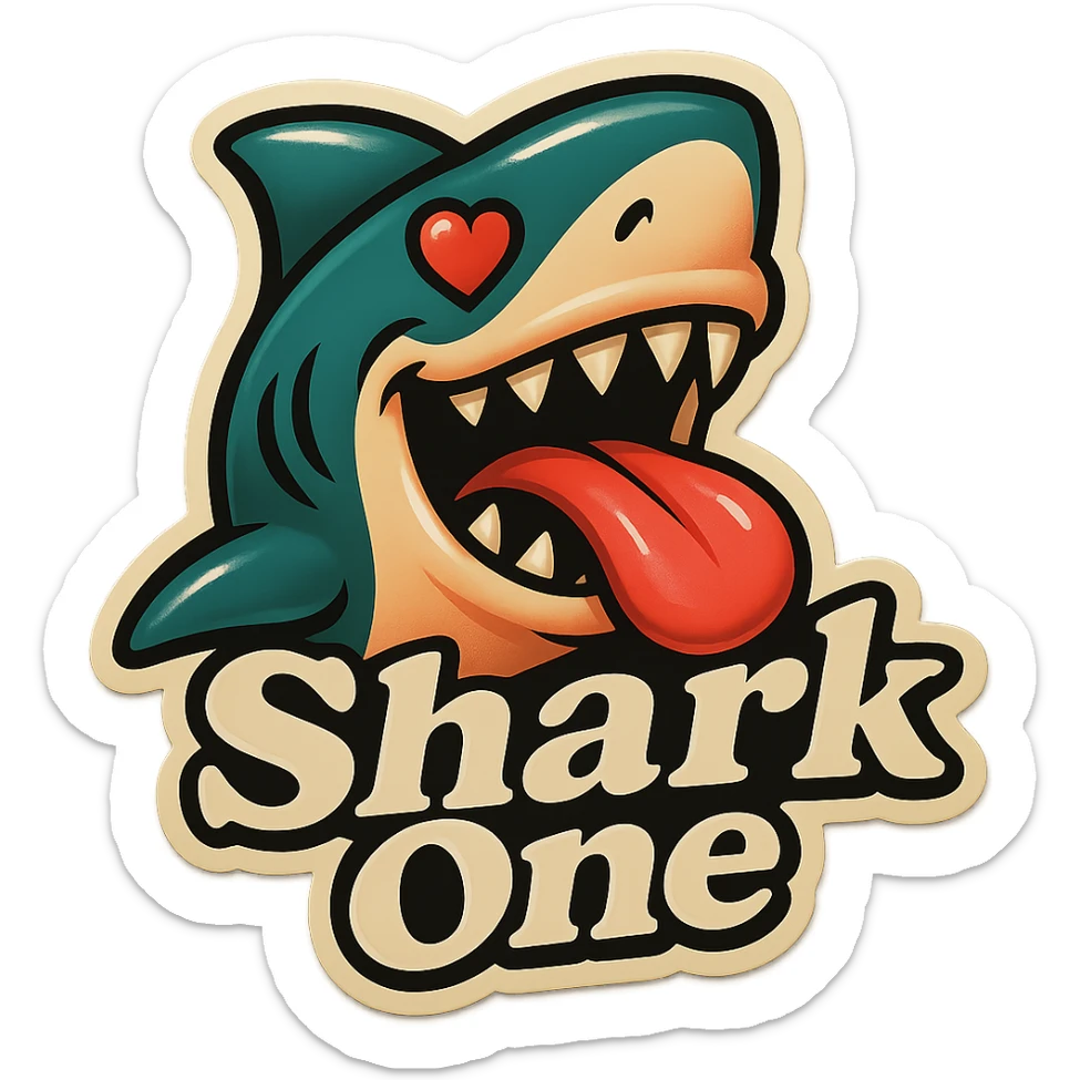 mouth open with tongue out
heart shaped eye
add the words “ Shark One " in White sticker