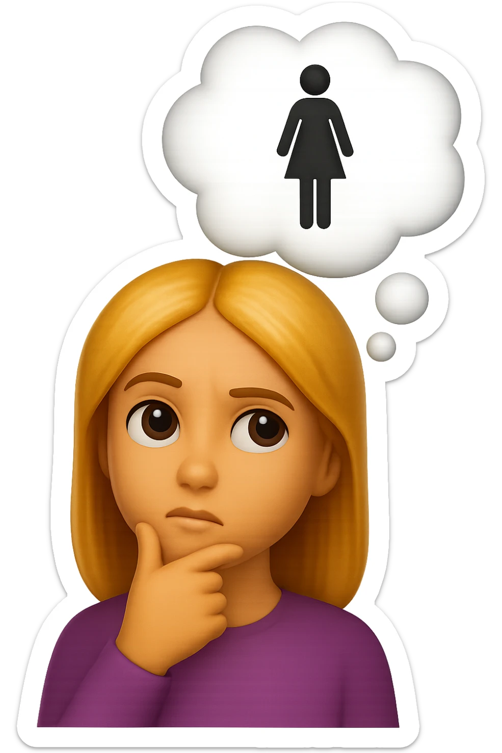 emoji stile iphone di una donna con nuvoletta di pensiero con all'interno la toilet per donne, iperrealistico 4k sticker