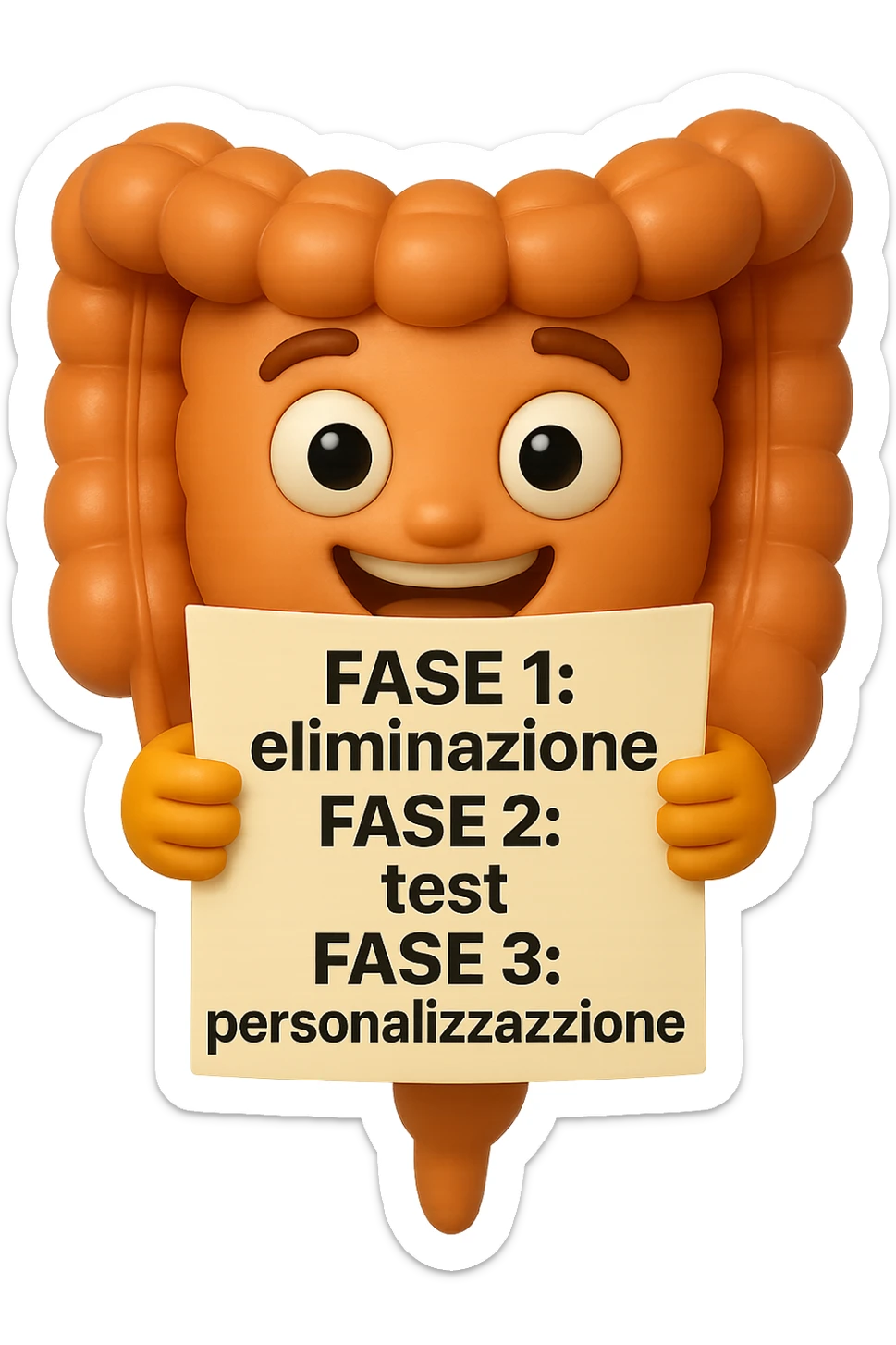 emoji stile iphone 3d di un intestino che tiene in mano un foglio con la scritta "FASE 1: eliminazione, FASE 2: test, FASE 3: personalizzazione, IPERREALISTICO 4K sticker