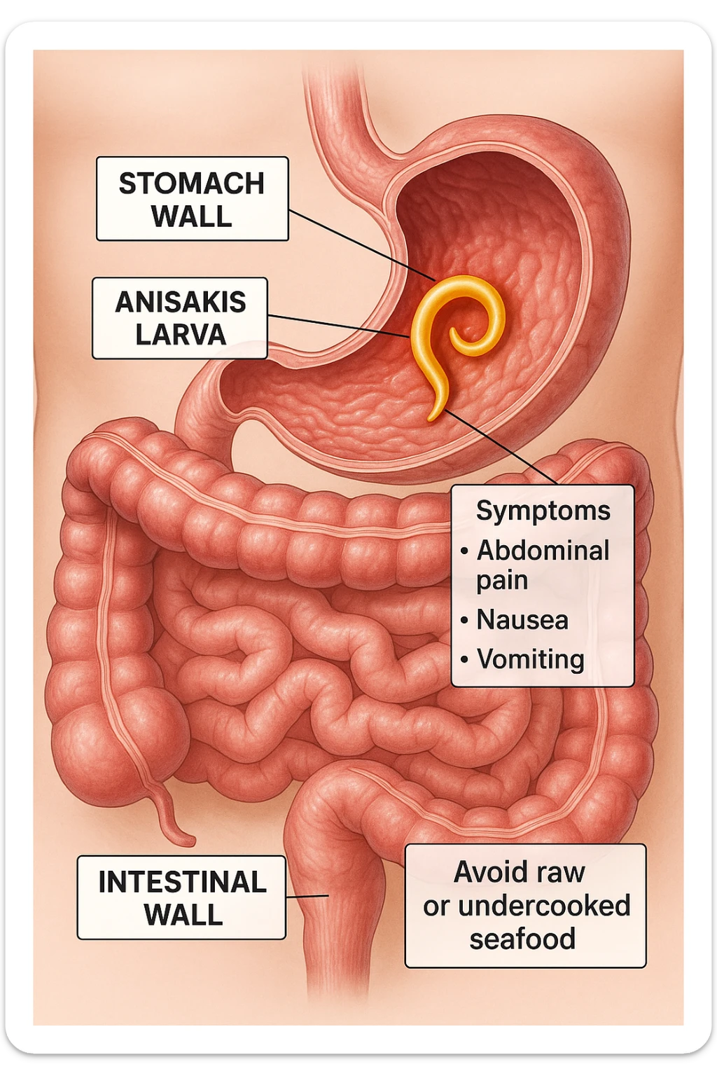 a cutaway view of the human digestive tract, showing an Anisakis larva attached to the stomach or intestinal wall. The parasite is highlighted in color, with surrounding tissue rendered in realistic detail. Educational labels describe symptoms and prevention. sticker