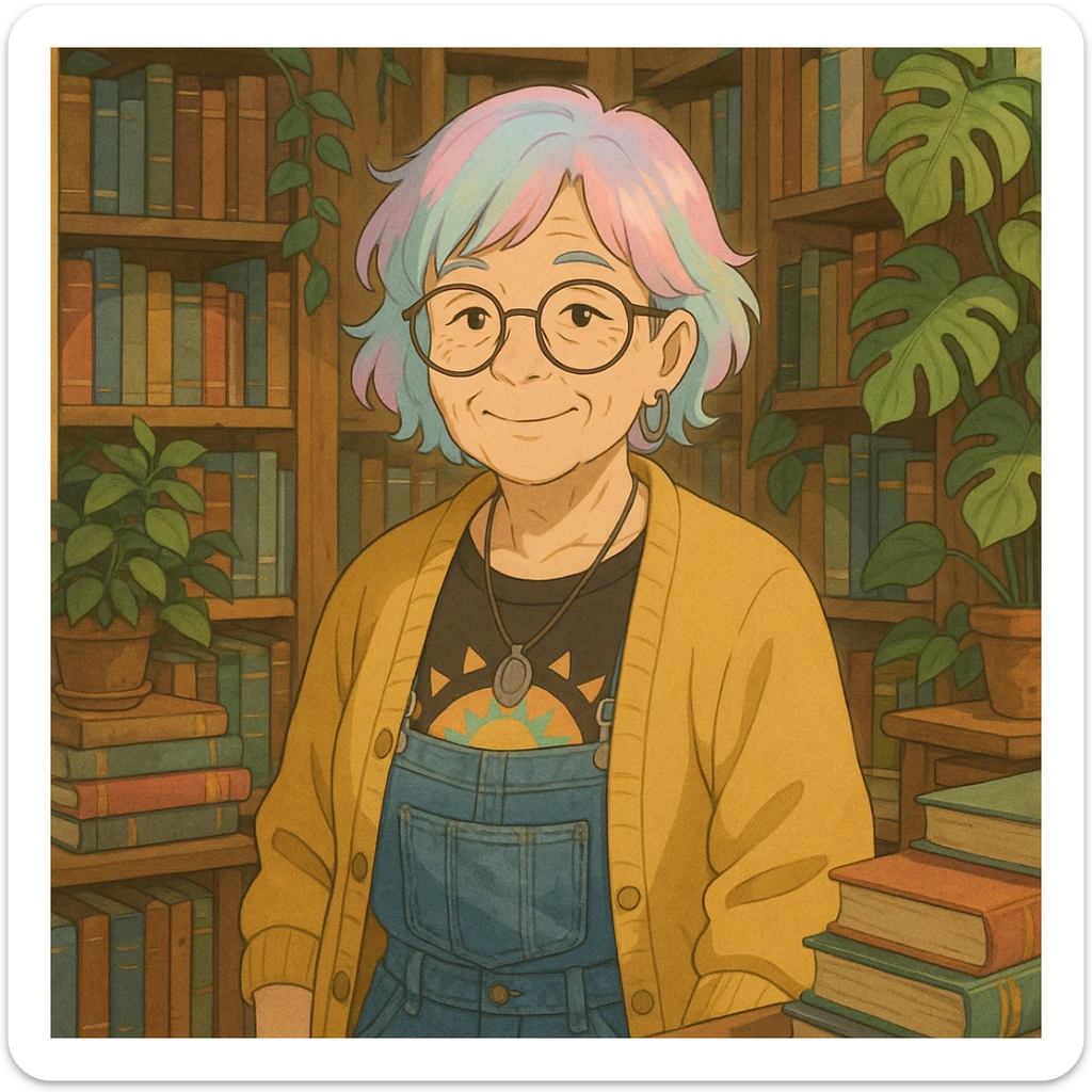 Gen Z librarian granny with pastel hair, hip clothing, surrounded by books and plants, warm expression, ghibli style sticker