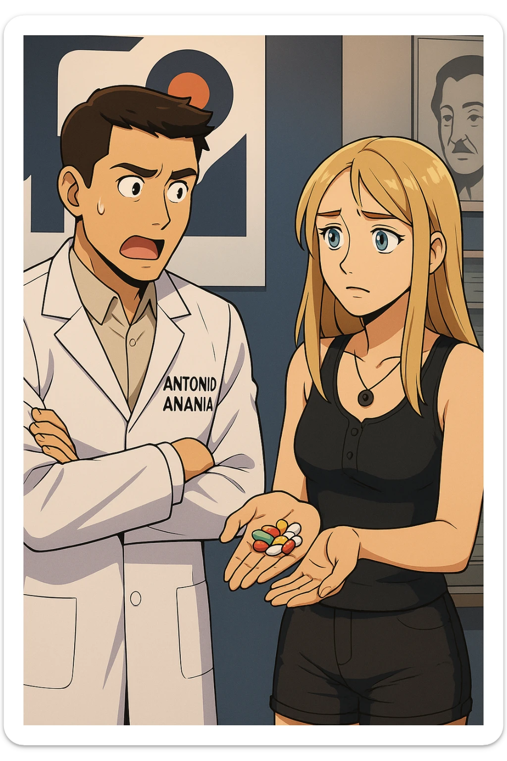 fai un webtoon/manga a colori con questo kinesiologo in camice bianco (fagli la scritta "ANTONIO ANANIA" SUL CAMICE) CHE PARLA CON QUESTA RAGAZZA CON GLI OCCHI AZZURRI. LA RAGAZZA HA UN PUGNO DI INTEGRATORI IN MANO (TANTE PILLOLE DIVERSE) E LE GUARDA DUBBIOSA. IL KINESIOLOGO CON IL CAMICE BIANCO LE DOMANDA UNA COSA SCIOCCATO. NON FARE I FUMETTI, FAI SOLO LORO COME SE DIALOGASSERO sticker