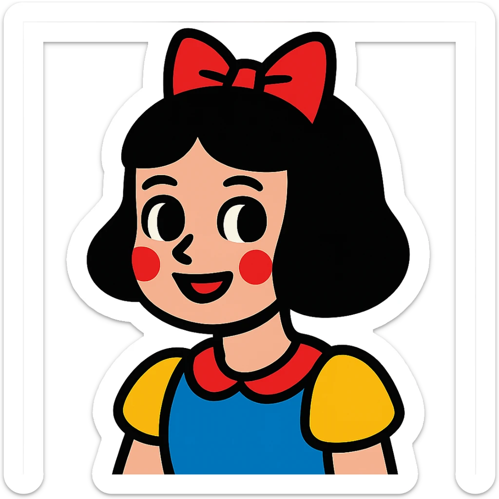 girl with white skin, short black hair, and a red bow, vibrant toon style sticker