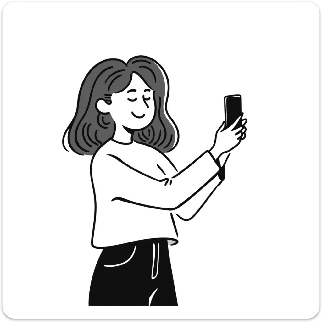 Young woman with long brown hair, casual style, taking a selfie, social media influencer sticker
