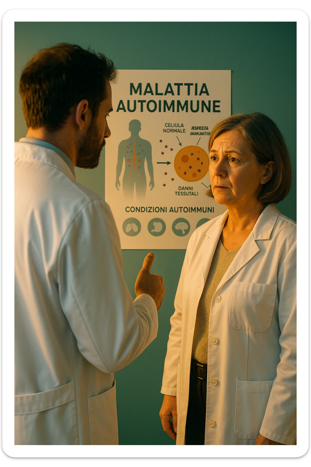 Realistic, detailed photo taken from behind of one doctor e un paziente —a bearded man and a middle-aged woman—standing and facing each other as they discuss an autoimmune disease diagnosis in front of a medical chart that displays information about the immune system and autoimmune conditions. The scene is illuminated by a yellowish, orange, warm light that softly envelops the doctors. The entire room is bathed in a single green-blue color, creating a cohesive and modern atmosphere. Both doctors wear white coats, and their body language suggests a serious, professional conversation about the complexities of autoimmune diseases. Shot with a Canon EOS R5, with high detail and natural depth of field. scritto in italiano sticker