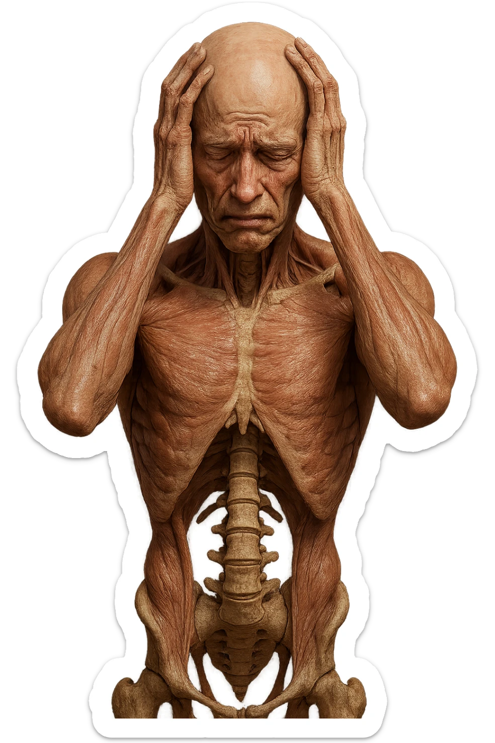 CORPO UMANO ANATOMICO con spina dorsale in evidenza, molto stanca e stressata mentre si tiene le mani sulla testa, IPERREALISTICO 4K sticker