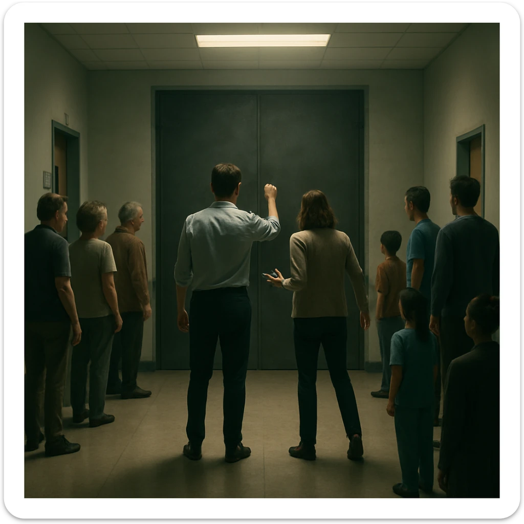 A group in a hospital corridor with a massive closed door at the end, symbolizing illness or barrier. Most people wait passively, two step forward to knock or look for solutions. Lighting on the two, others in muted tones. Conceptual, symbolic, cinematic, hyperrealistic 4K. sticker