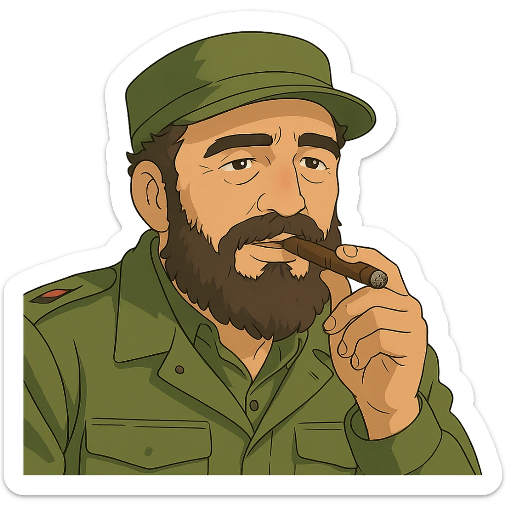 ghibli style illustration of Fidel Castro with a cigar sticker