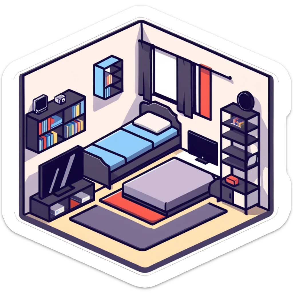 isometric view of teen bedroom layout with gaming setup, bed, and bookshelf sticker