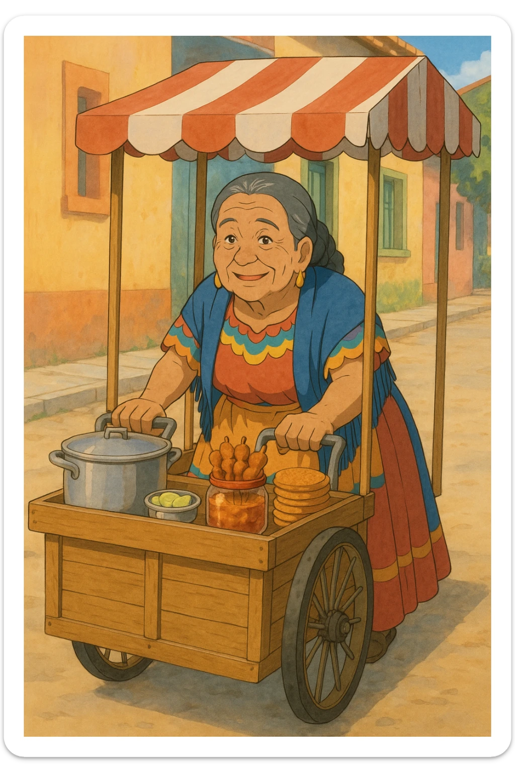 old Mexican lady pushing a food cart, warm and friendly, traditional dress, vibrant colors, street vendor, detailed, no text, ghibli style sticker