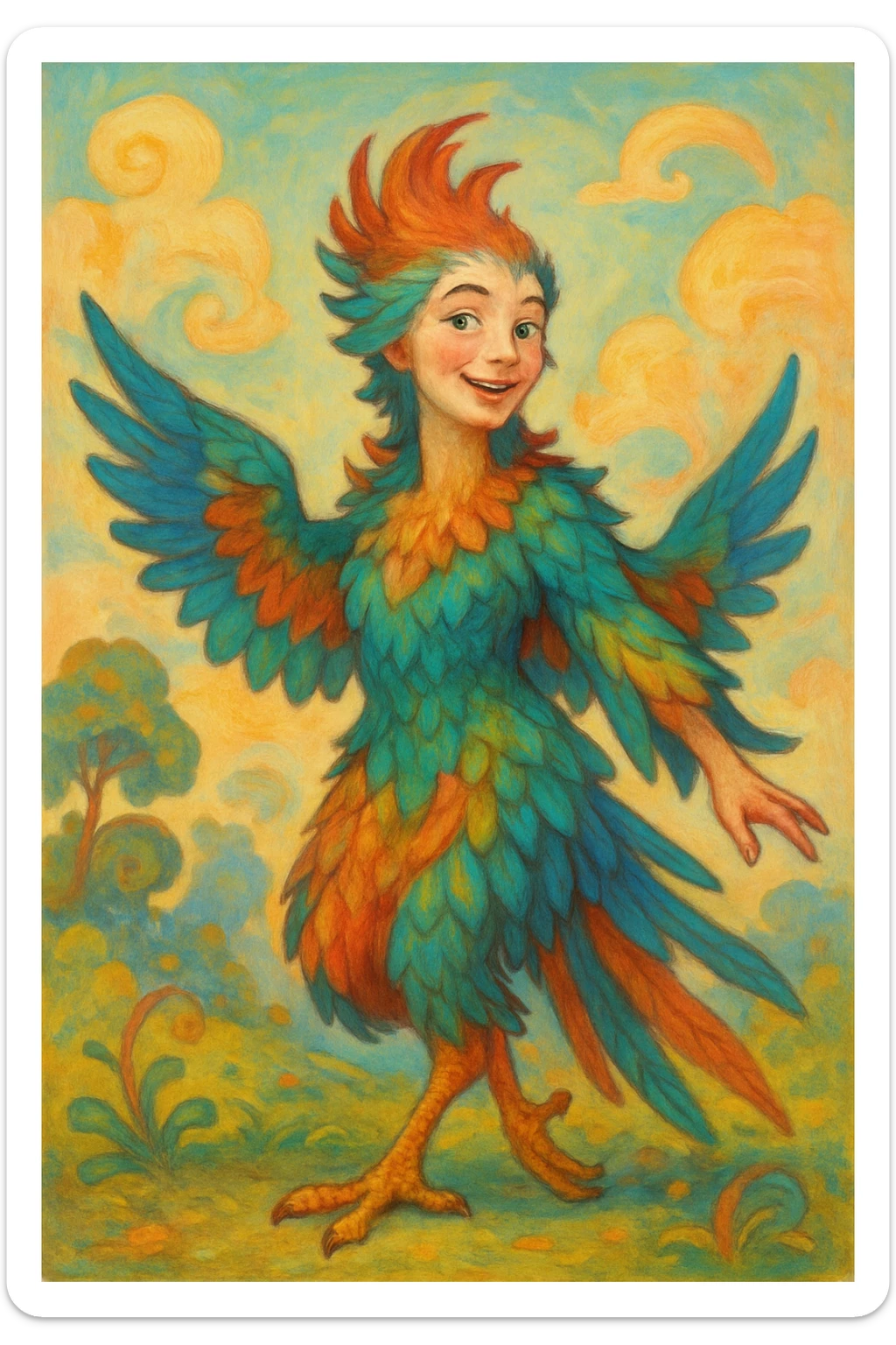hybrid bird woman with mostly bird features, fantasy style, any bird species, whimsical and playful, colorful feathers, lighthearted expression sticker