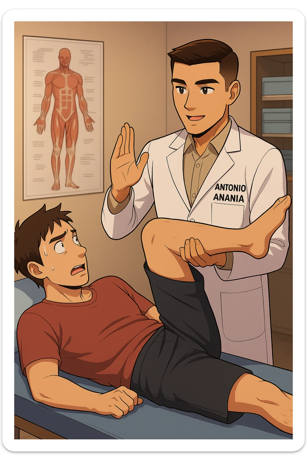 fai un webtoon manga a colori con questo stile, in cui un uomo è steso sul lettino medico e il kinesiologo con il camice bianco (fagli anche la scritta "ANTONIO ANANIA" SUL CAMICE, gli solleva una gamba per fargli il test neuromuscolare, IL KINESIOLOGO SPIEGA ALL'UOMO UNA cosa mentre gli alza la gamba. non fare i fumetti però, fai solo in modo che sembri stiano parlando sticker