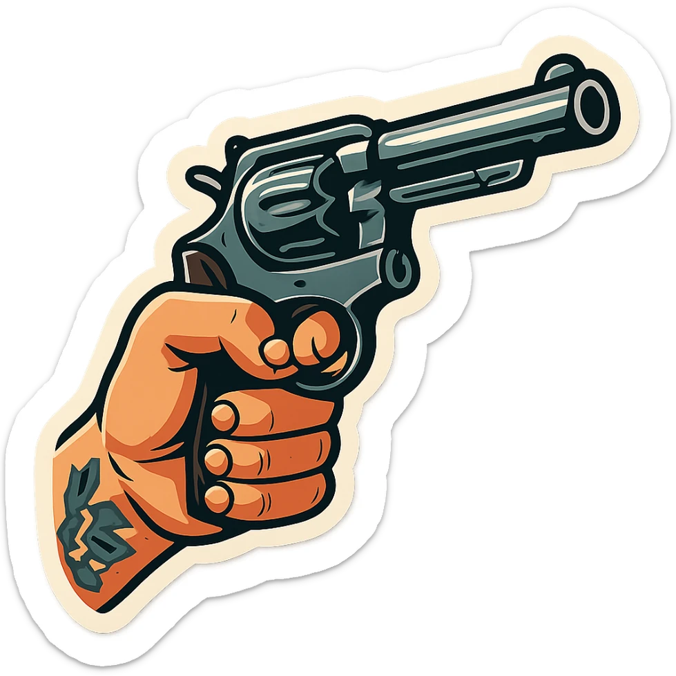 male hand holding a revolver, retro stickers style, clear black outlines, expressive shadows and highlights, no gradients, only sharp color transitions, hand with tattoo sticker