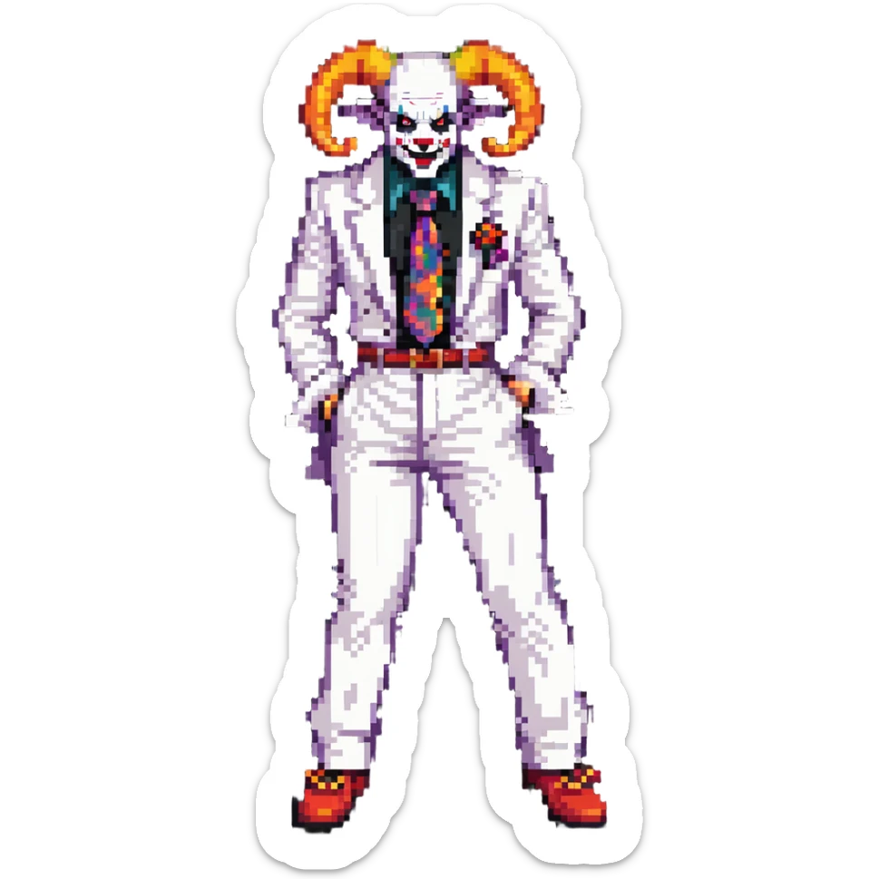 full-body demonic clown in a white leisure suit with bellbottom pants, bald, black ram horns, elevator shoes, flashy belt, ruffled shirt, colorful tie sticker