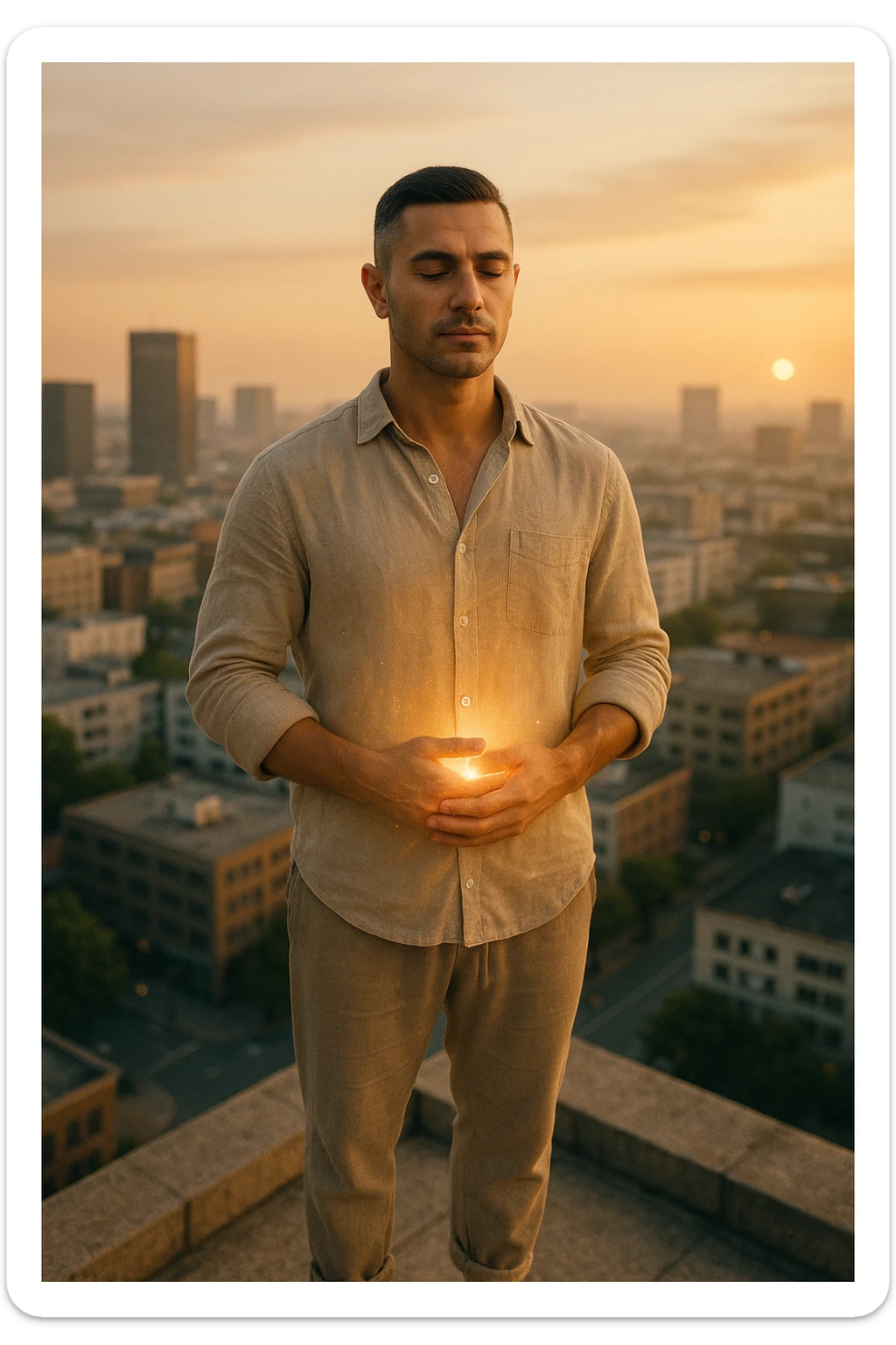 A cinematic portrait of a calm and composed man in his mid-30s, with light stubble and a defined jawline, standing alone on a rooftop at sunrise overlooking a quiet modern city. He’s wearing minimalist, earth-toned clothing — a linen shirt loosely buttoned, neutral joggers, barefoot. His hands rest gently over his abdomen in a meditative posture, eyes half-closed, reflecting clarity and focus. The early morning light bathes his face and body in soft gold, symbolizing renewal and healing. Around him, the city is still asleep, with only faint traces of life below. The air feels clean and silent. Subtle glow effects radiate gently from his chest and abdomen, suggesting internal regeneration. 35mm film style, shallow depth of field, realistic human textures and cinematic color grading with warm and natural tones. sticker