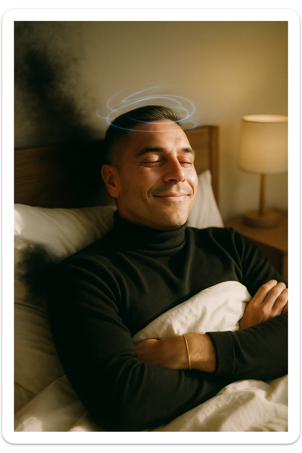 A cinematic image of a man in his mid-30s lying in bed, just waking up from deep sleep. His expression is calm and visibly transformed — a sense of inner peace, relief and subtle joy on his face. Soft morning light enters the room, casting gentle golden tones over his features. His eyes sono ancora semi chiusi, ma il viso è disteso, come se un grande peso fosse stato rilasciato durante la notte. Accanto a lui, simbolicamente sfocato, un’ombra o un alone scuro si dissolve, rappresentando il malessere notturno superato. Intorno alla sua testa, leggere onde di luce azzurra o bianca simboleggiano l’attività cerebrale rigenerativa della fase REM. La camera è ordinata, minimalista, con materiali naturali. L’atmosfera è serena, rigenerativa, intima. Shot in 35mm film style, high realism, shallow depth of field, warm highlights and clean shadows. sticker