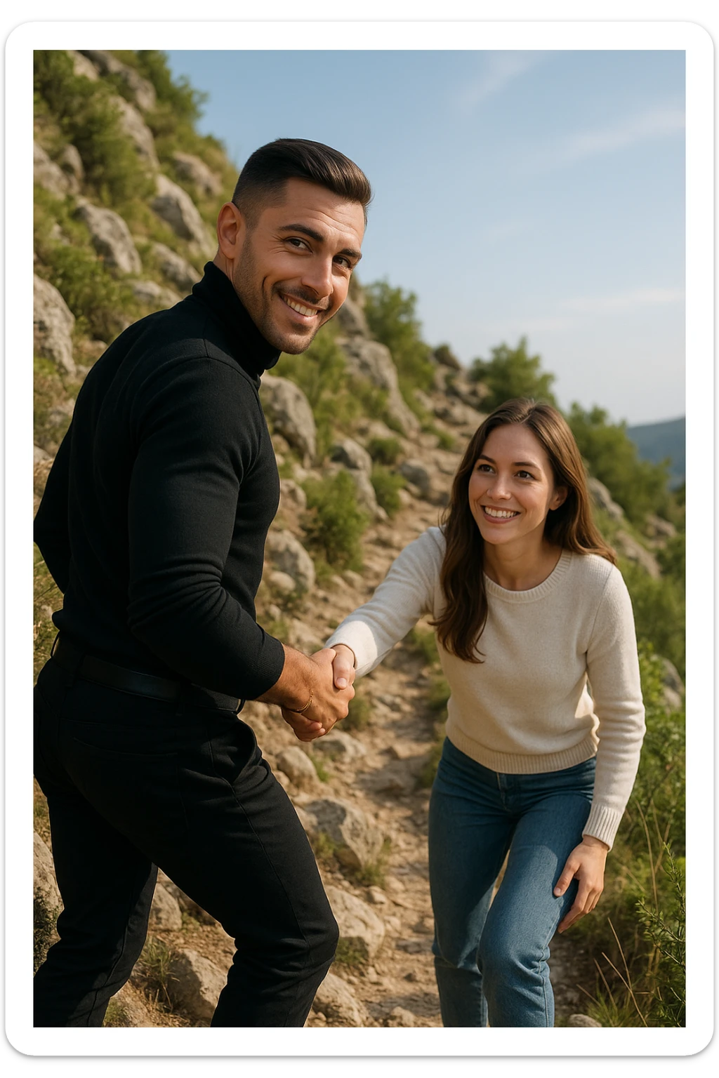 a man and woman climb a mountain trail together, the man leading but frequently looking back to ensure the woman is comfortable and supported. The woman follows with determination and a smile, symbolizing trust, encouragement, and the value of supportive leadership within a relationship. sticker