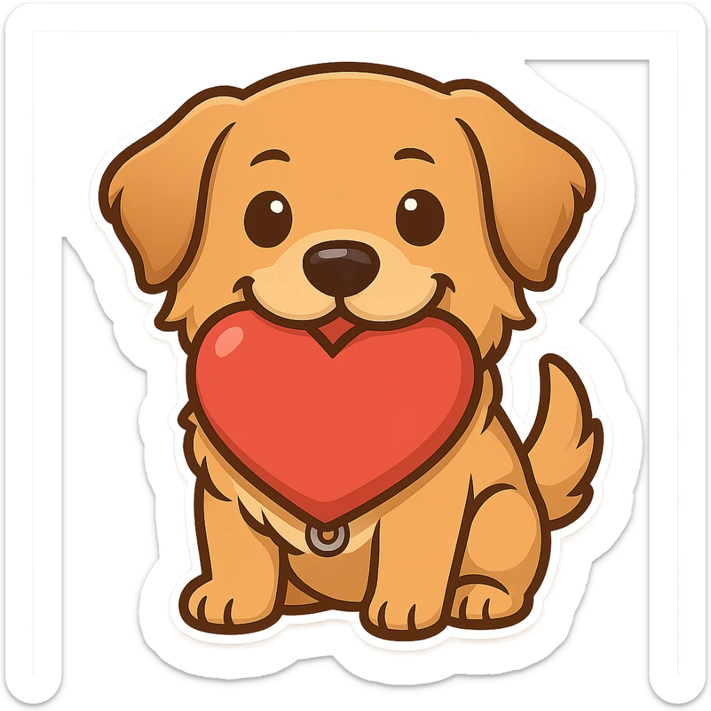 Replace the realistic heart in the dog's mouth with a large, bright red cartoon-style heart. Keep the style playful and the background transparent. sticker