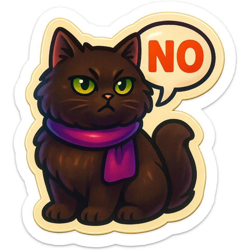 Fluffy dark-brown cat with green eyes and a purple scarf saying ‘NO’ (with a speech bubble) sticker