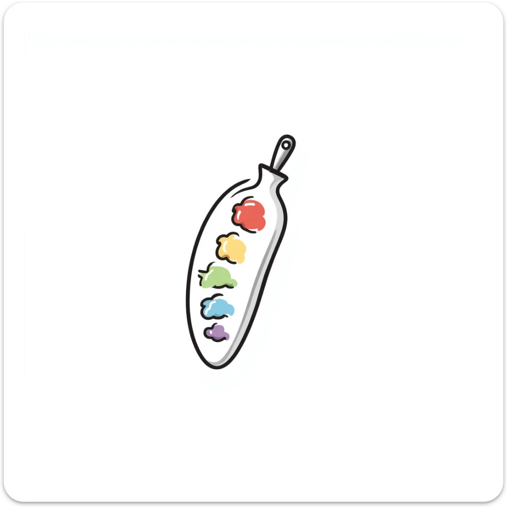 Detailed artist's paint palette with thumb hole and paint colors in specific pastel colors (dd9fb0, ffc6d3, a3bfc9, c4bee2, f1b091). Hand-drawn doodle style with intricate details. The palette should have paint blobs of each color clearly visible. sticker