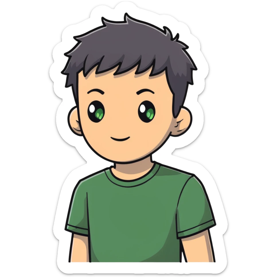 white man with dark messy short hair, dark green eyes, wearing a gray t-shirt sticker