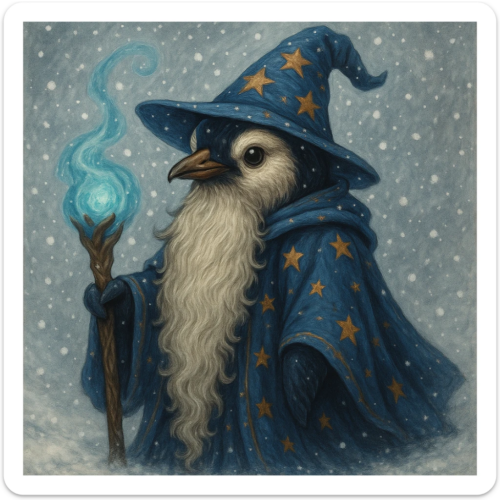 Add a snowy background behind the fantasy penguin wizard, keeping the detailed illustration style. sticker