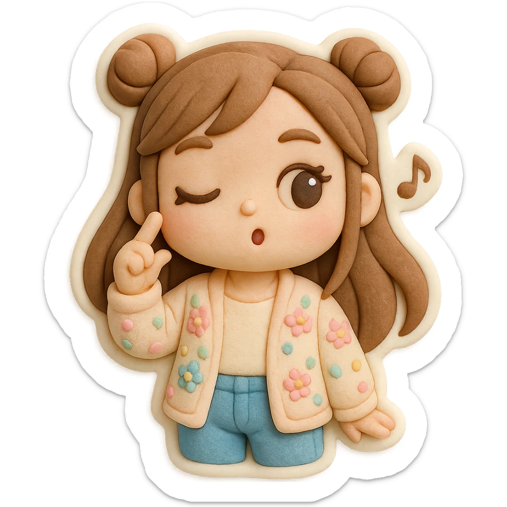 3D chibi girl fondant cake art style, high-quality rendering with smooth shadows and soft gradients, long brown hair in two space buns, brown eyes, jeans, pastel floral cardigan, thick white outline like a sticker, transparent background, spinning finger near her temple and whistling like 'what a fool', preserve facial features from reference image sticker