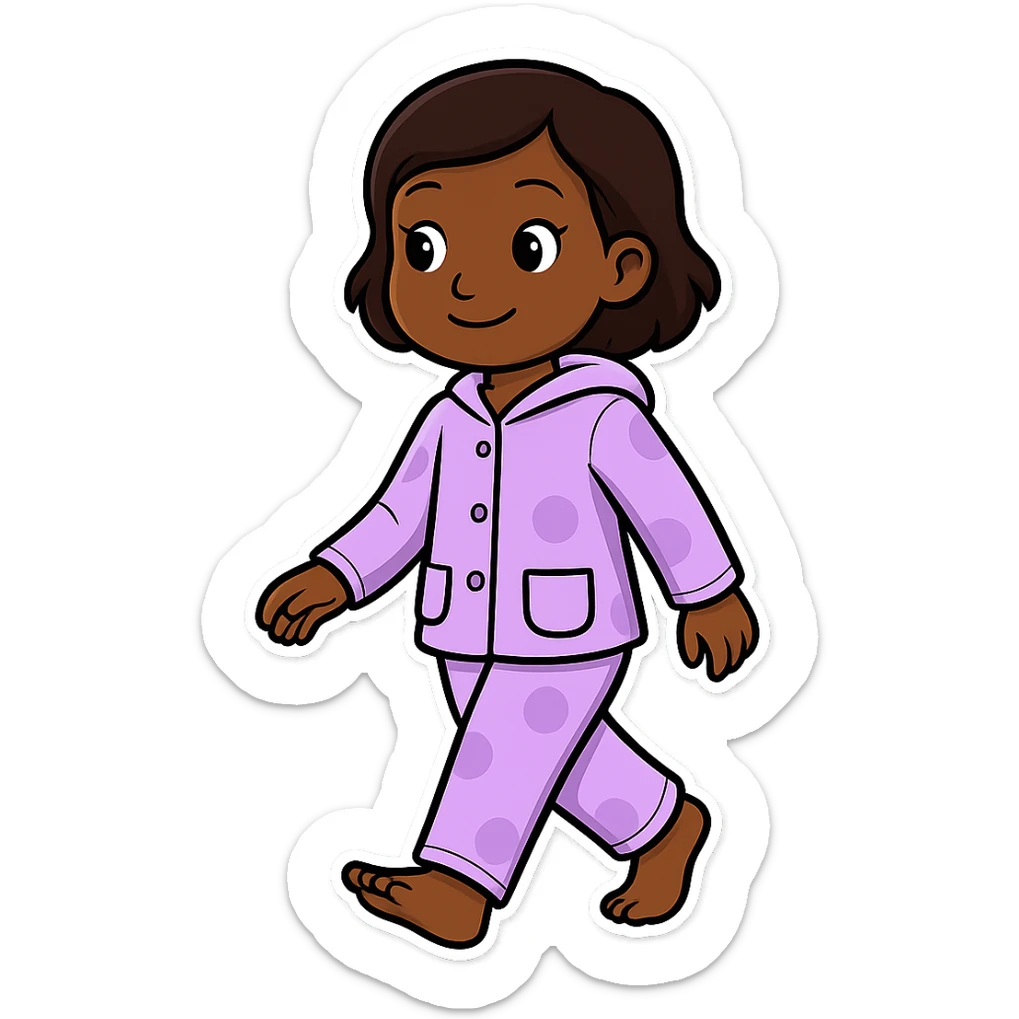 Create an image of a girl walking in pajamas with brown skin in the style of sticker, with no background. The style is sticker but fallback to general for editing as sticker style does not support editing. sticker