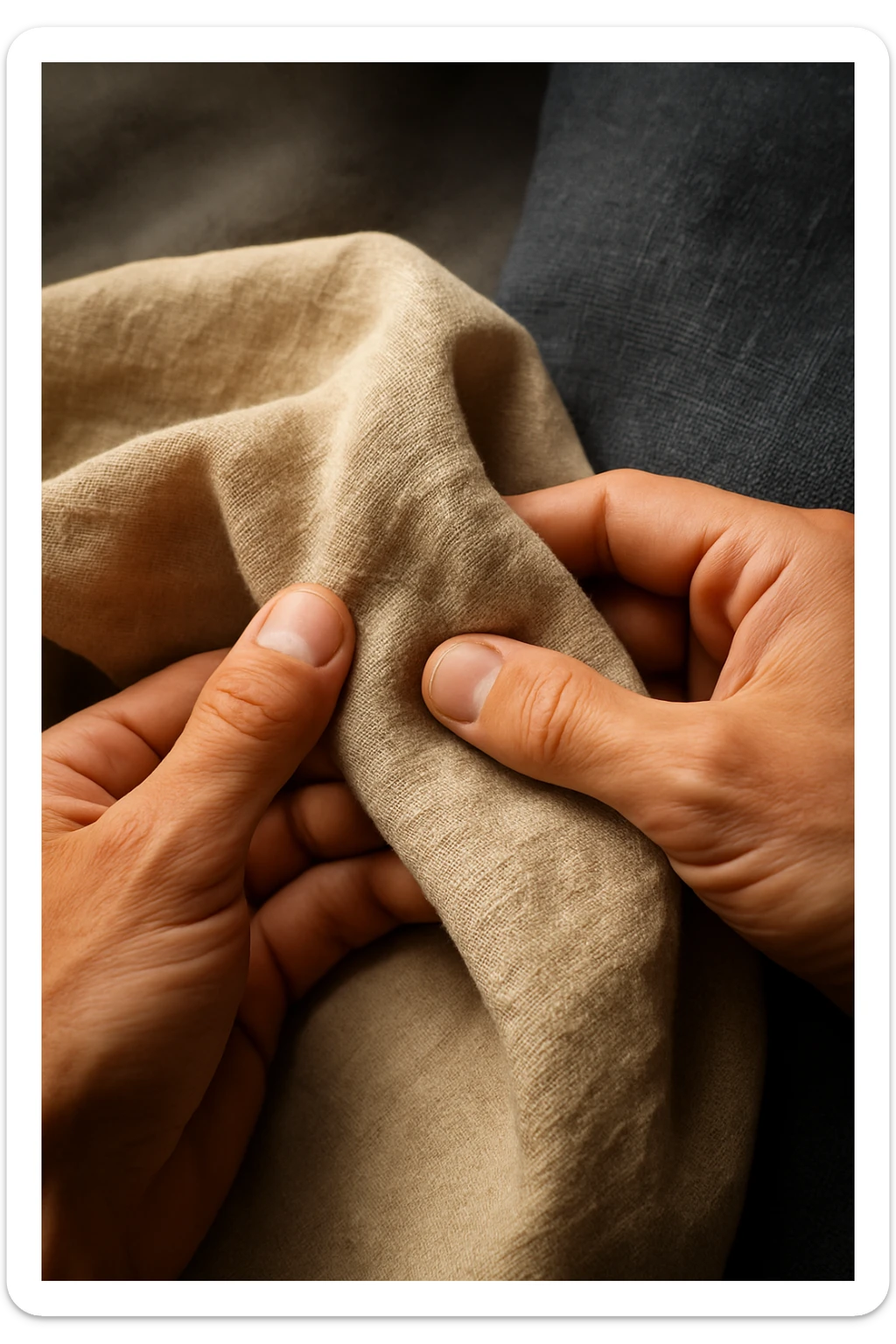 Primo piano di mani che toccano tessuto di lino grezzo, texture naturale dettagliata, colori puri e genuini, luce che rivela la bellezza delle imperfezioni naturali, mentre i sintetici appaiono artificiali e freddi in secondo piano sticker